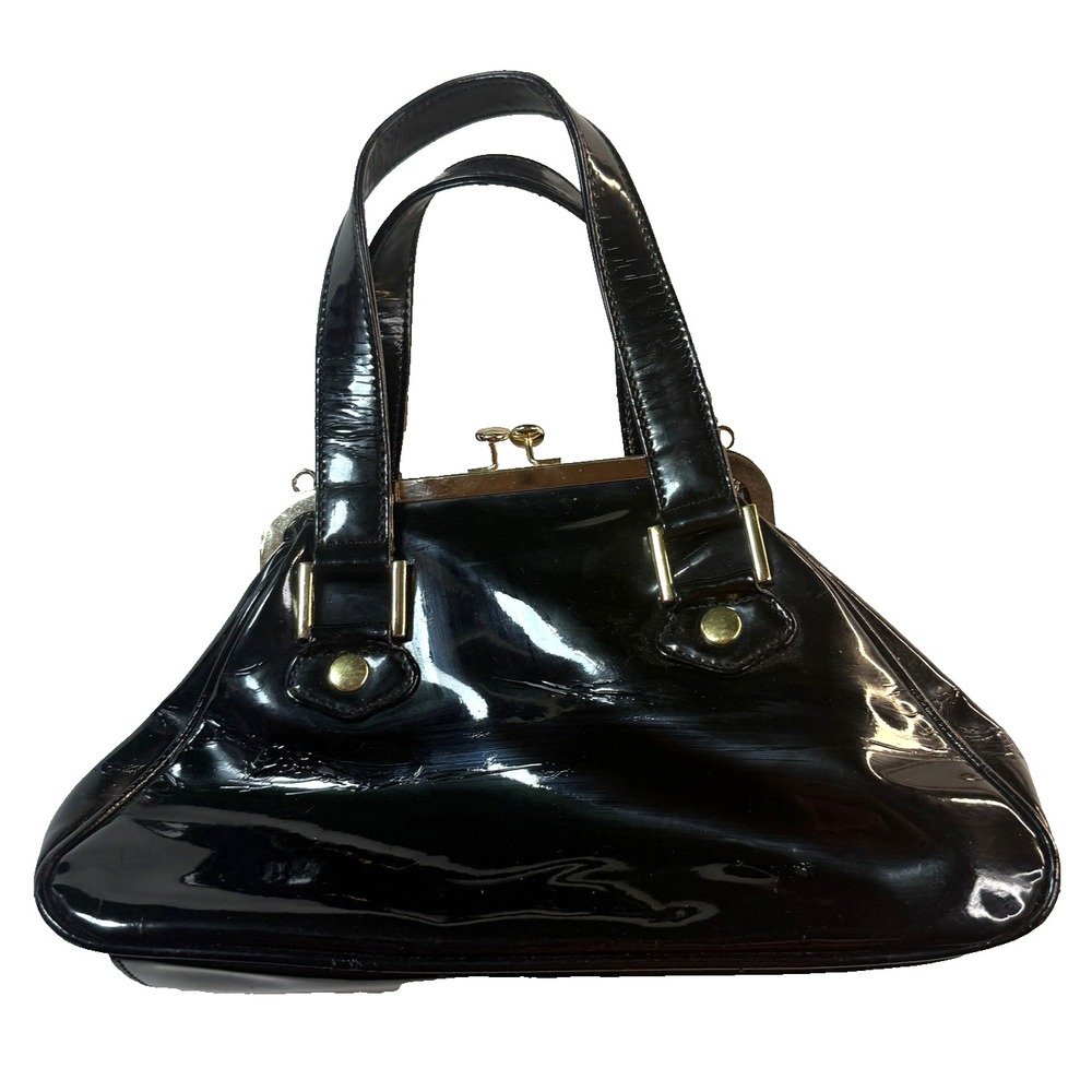 Nine West Y2K Satchel Purse Black Patent Leather Look Gold Frame Kiss Lock VTG